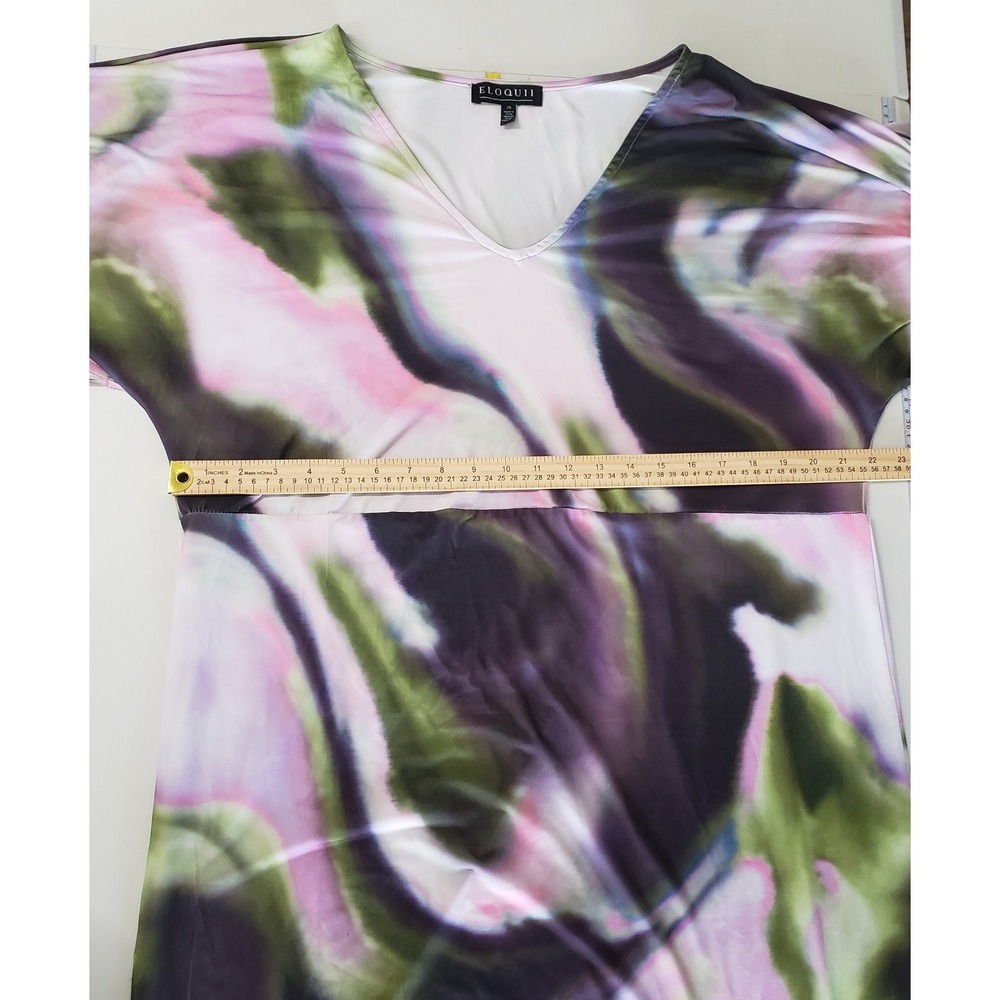 Eloquii Watercolor Marble‎ V Neck Dress Womens Size 20 Pink Green Kimono Sleeve - Picture 7 of 10